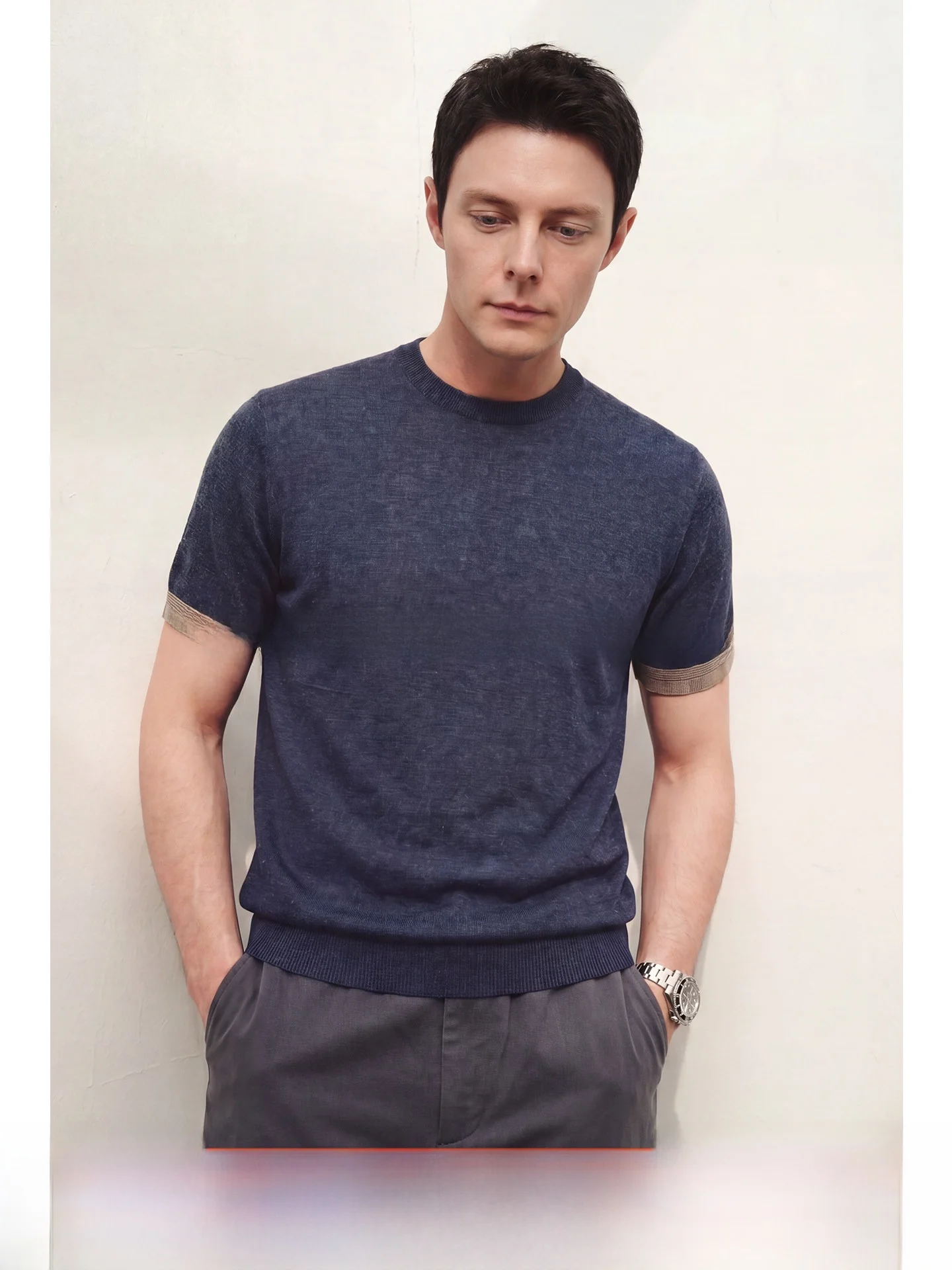 Men's Casual round Neck Short Sleeve T-shirt Cleanfit Knitted Linen Blend Cool Feeling Breathable Comfortable Summer Top