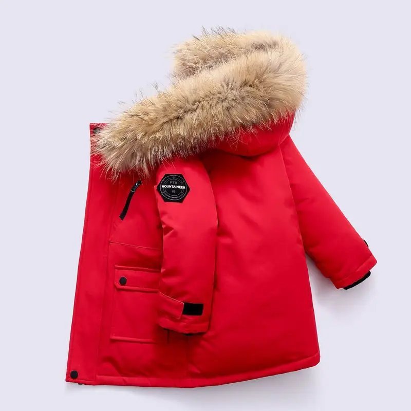 New Winter Thickened Large Fur Collar Cotton Jacket for Boys, Medium and Long Warm Parka Outdoor Jacket for Children Aged 4-12 Y