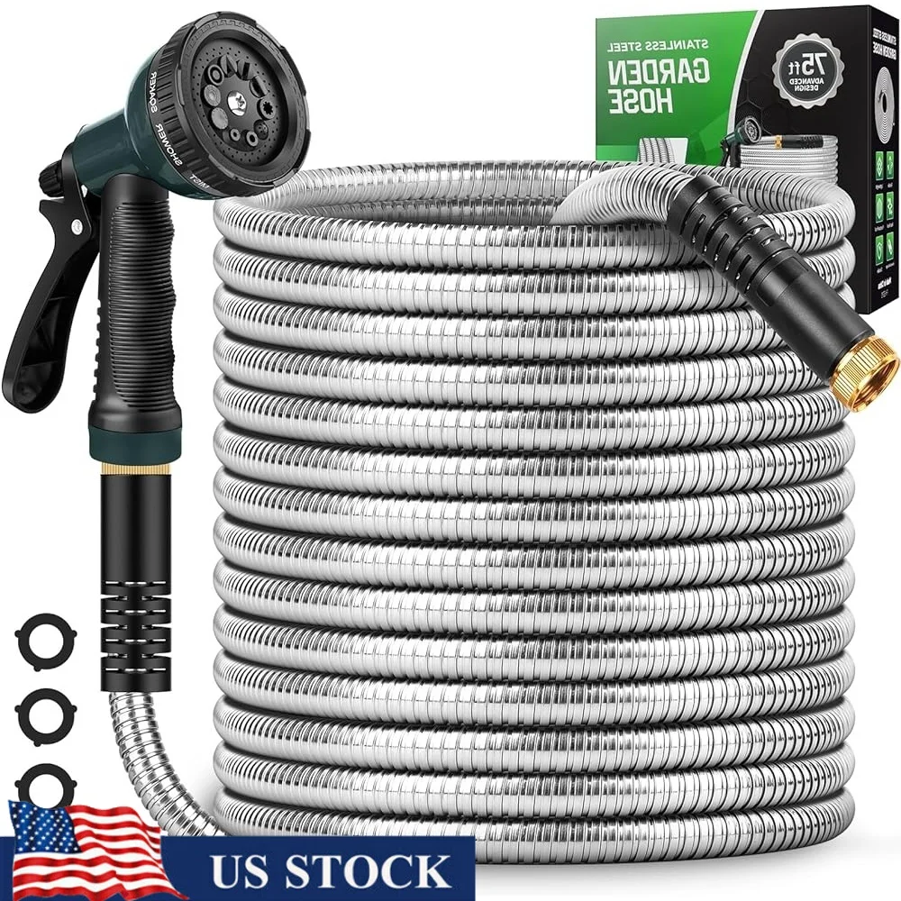 

75FT Stainless Steel Garden Hose 10 Function Nozzle Lightweight Kink Free Leak Proof Durable Car Washing Pets Outdoor Use