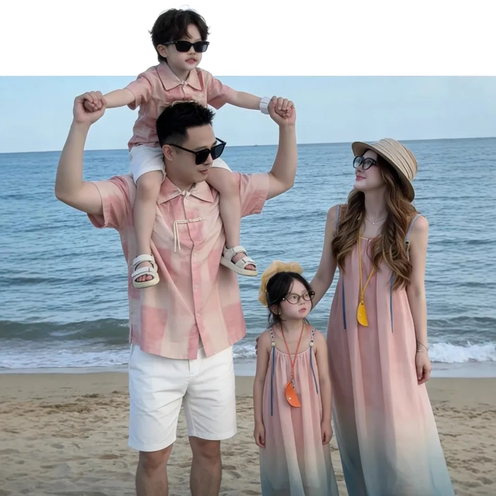 Trendy Oriental Parent-child Suit, Unique Tie-dye Long Sleeve Shirt, Soft Gradient Slip Dress, Full Family Travel Attire
