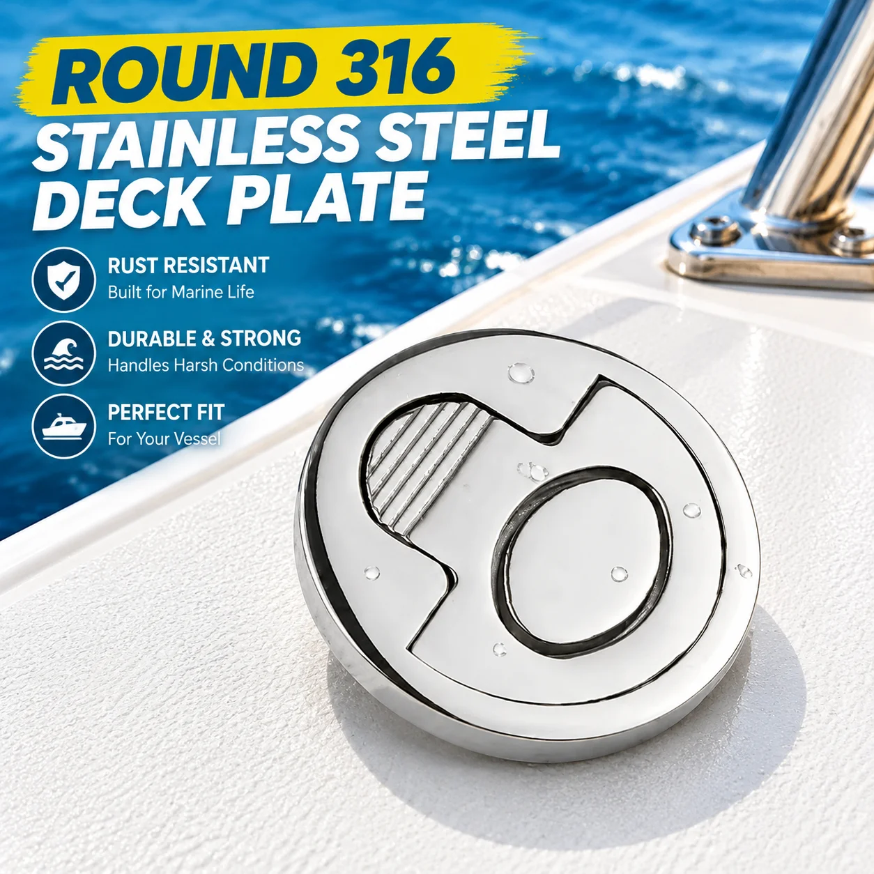 Round 316 Stainless Steel Boat Deck Plate with Flush Pull Handle Marine Yacht Deck Hardware Fitting for Vessel Floor