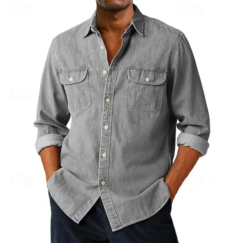 

2026 Весенне-летние хлопковые повседневные рубашки мужские свободные тонкие рубашки с длинным рукавом в уличном стиле Мужская блузка-карго с двойным карманом Мужская