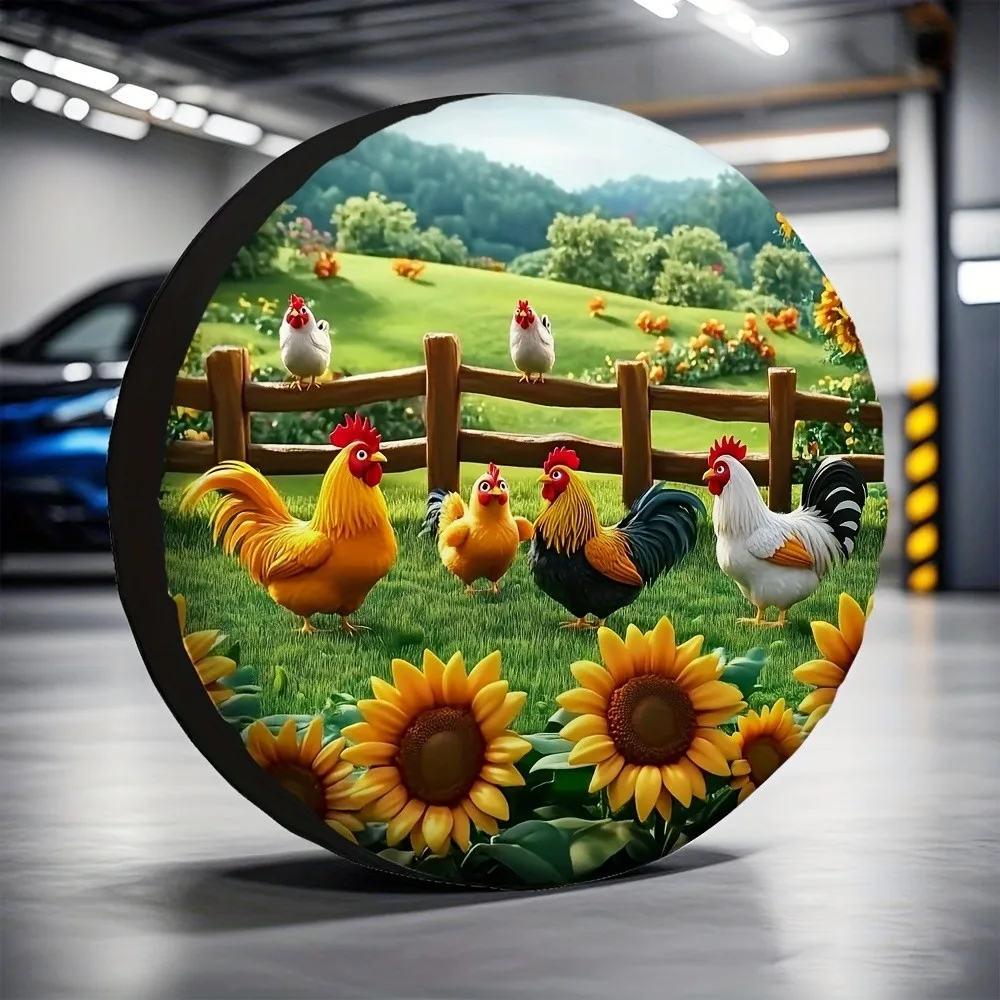 Vibrant Chicken Sunflower Farm Tire Cover Durable Polyester Spare Wheel Protector