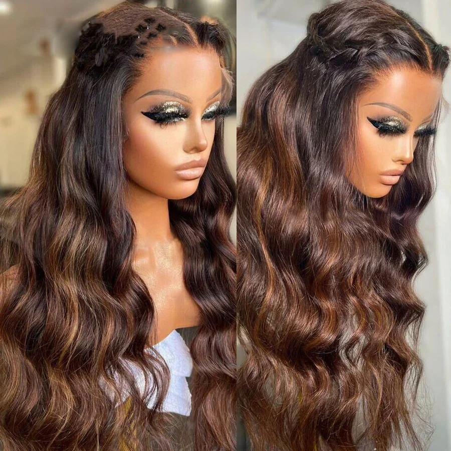 

Highlight Brown Body Wave Long 26Inch Glueless 200Density Lace 5x5 Silk Base Human Hair Wig For Women BabyHair Preplucked