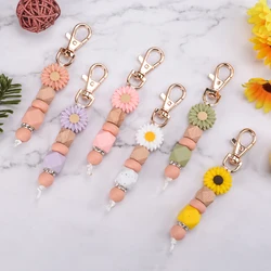 LOFCA Daisy Silicone Beaded Keychain Handmade Wood Beads Key Chains For Women Girls Car Bag Pendant Key Accessories Keyring Gift