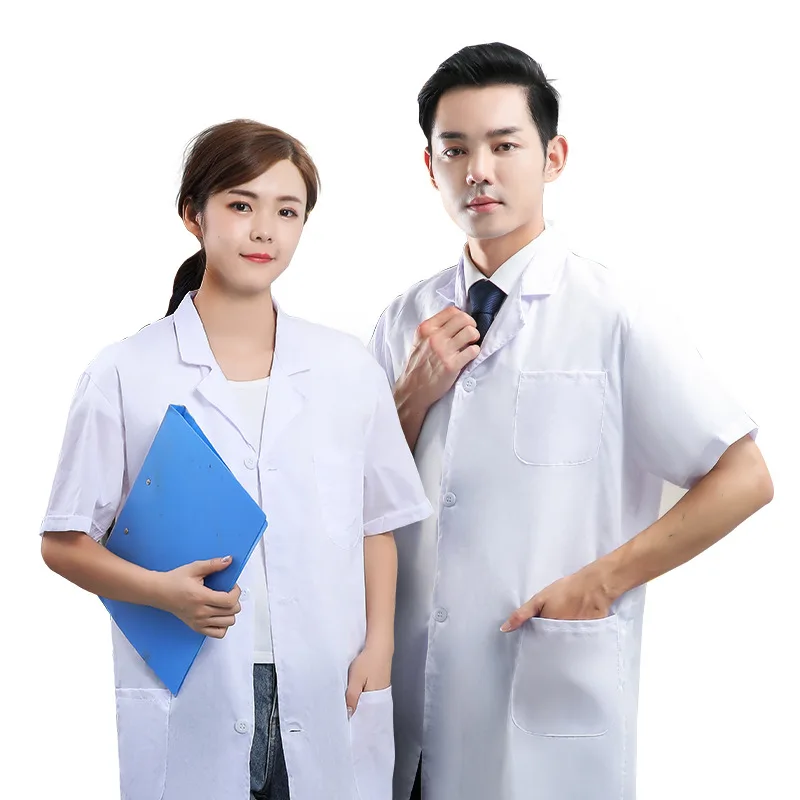 معطف أبيض طالب جامعي الملابس التجريبية بأكمام طويلة ملابس الطبيب الذكور والإناث قصيرة الأكمام الكيمياء والطب