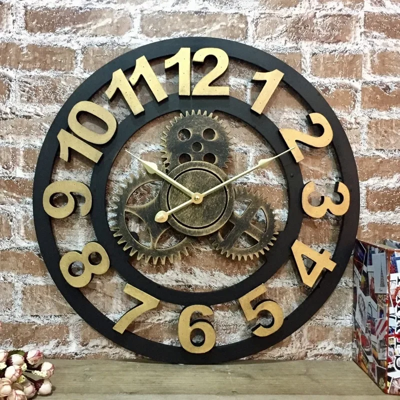 European retro creative big clock art wall  living room American wall  industrial wind gear  French wall clock