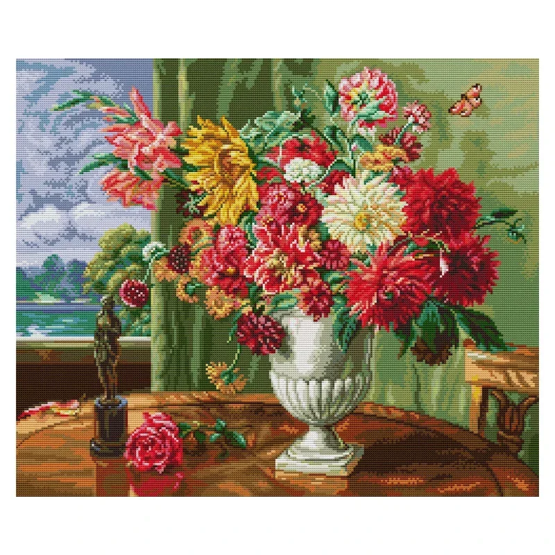 Joy Sunday Cross Stitch Kit Oil Painting Flowers in Front of Window 14CT Printed Cross Stitch Embroidery Kit Set Needlework