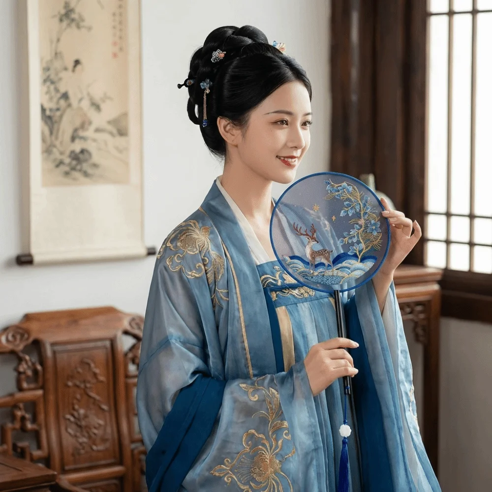 Chinese Style Double Sided Embroidery Fan Semi-Transparent Long Handle Embroidery Round Fan Classical with Tassel Dance Fan