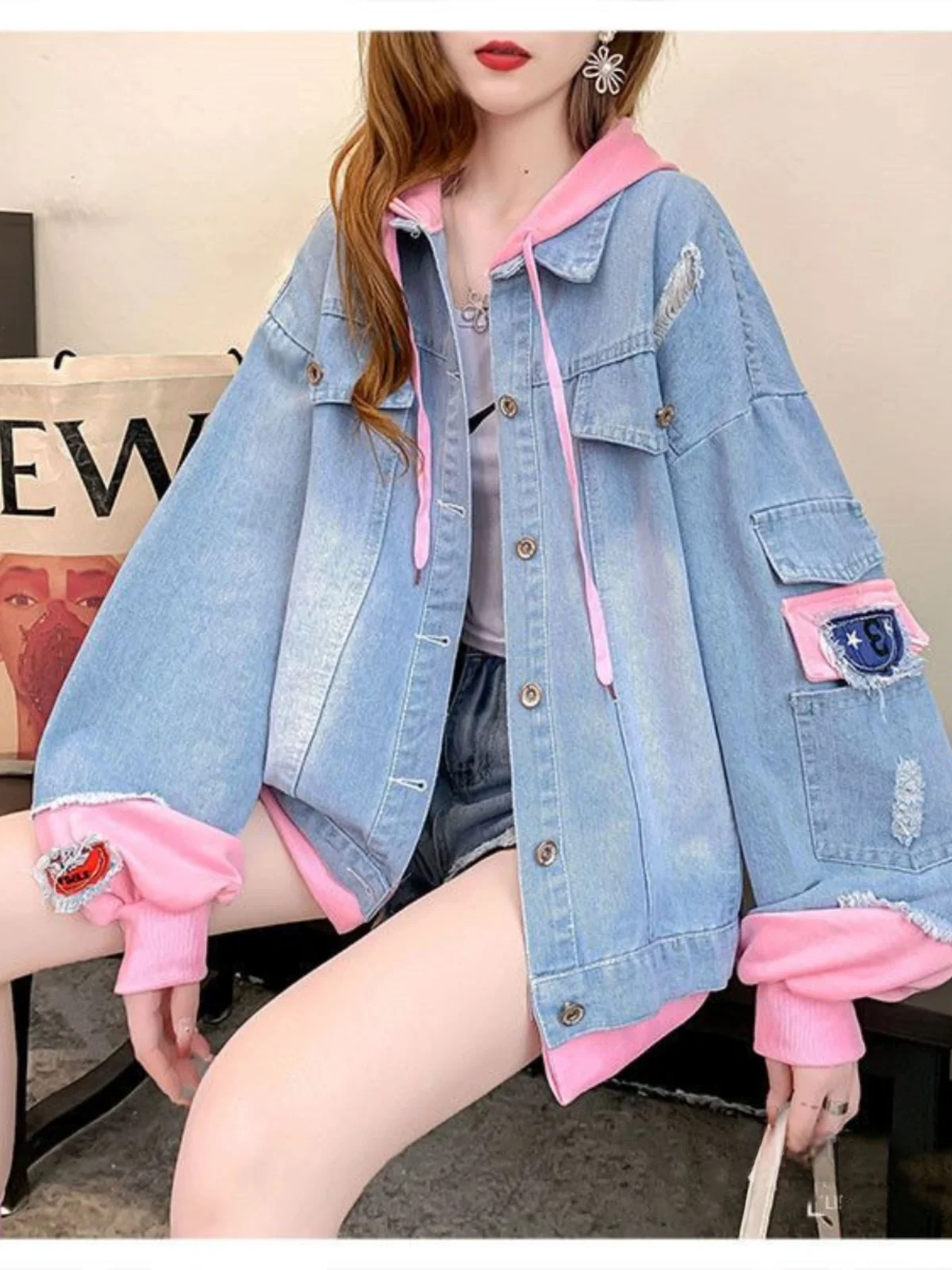 

Women's Denim ort Jaet 2023 Spring Autumn New Retro Small Size Hooded Coat Loose Casual High Street Top