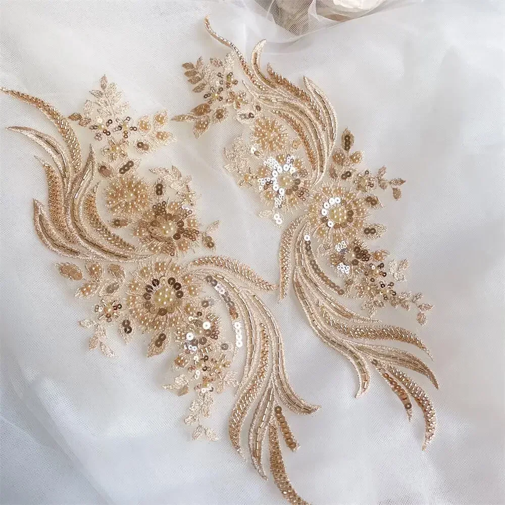 10Pcs/5Pairs.Multicolor Beaded Lace Fabric, Applique, Wedding Dress, DIY Mirrored Flowers.Wholesale.