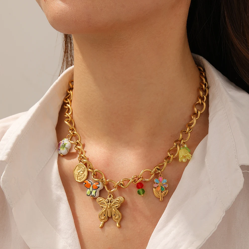 DIEYURO 316L Stainless Steel Golden Butterfly Colored Dripping Oil Flower Ceramic Painted Necklace Lady Neck Chain Jewelry Gift