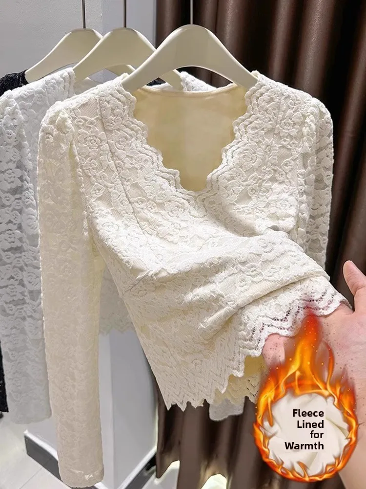 

Low-Ne Lace Base irt Women's Inner Wear Layered Thiened V-Ne High Net irt Korean Sle Commute Faion Long Sve