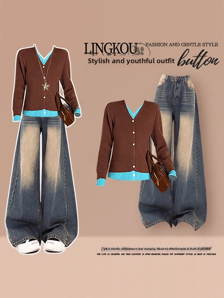 

Korean Style plus Size Knitted Sweater And Wide Leg Jeans Two Piece Set for Women Casual Loose Fit V Neck Long Sleeve