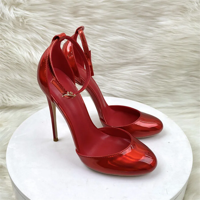 Keshangjia Laser red Patent Leather Women Ankle Strap Pumps 12cm High Heels Cute Mary Jane Red inside Stilettos Party Shoes