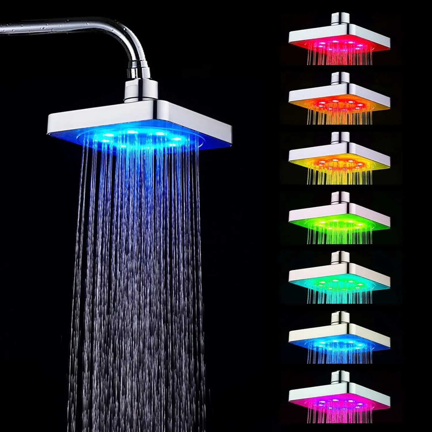New Square Fixed Showerhead Ultra-Quiet Rainfall Top Spray LED Shower Head 3 Colors Temperature Sensor 7 Colors Gradual Changing