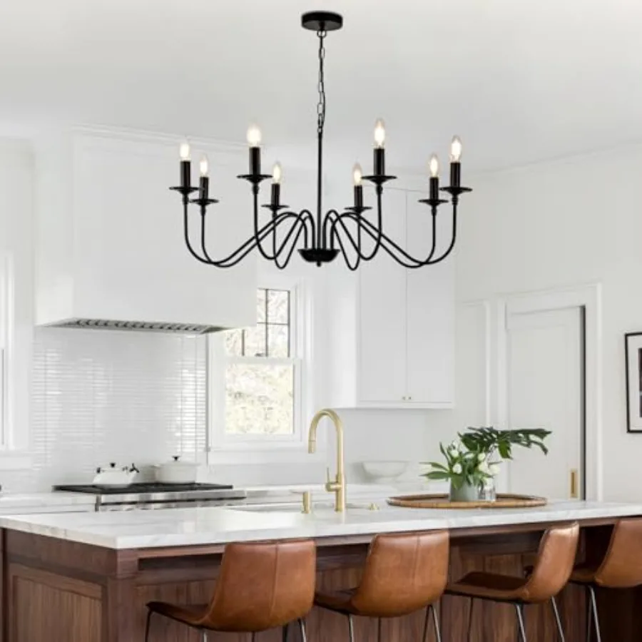

Black Farmhouse Chandeliers, 8 Light S-Arm Modern Candle Hanging Pendant Light, Industrial Rustic Metal Ceiling Kitchen Island
