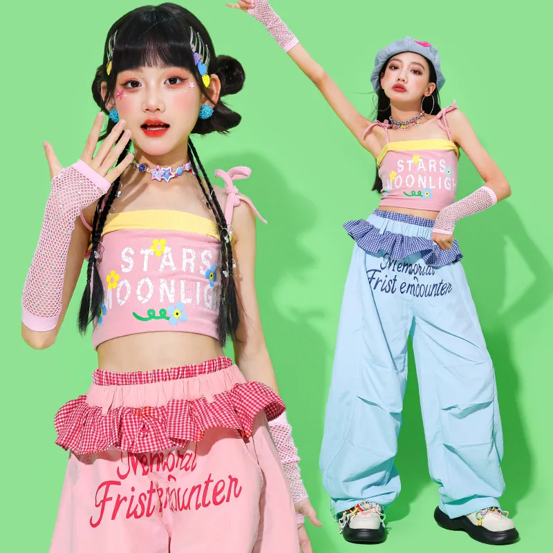 

Kids Girls Kpop Jazz Dance Clothes Set Off Shoulder Crop Top Colorful Hip Hop Streetwear Jogger Pants Stage Performance Costume