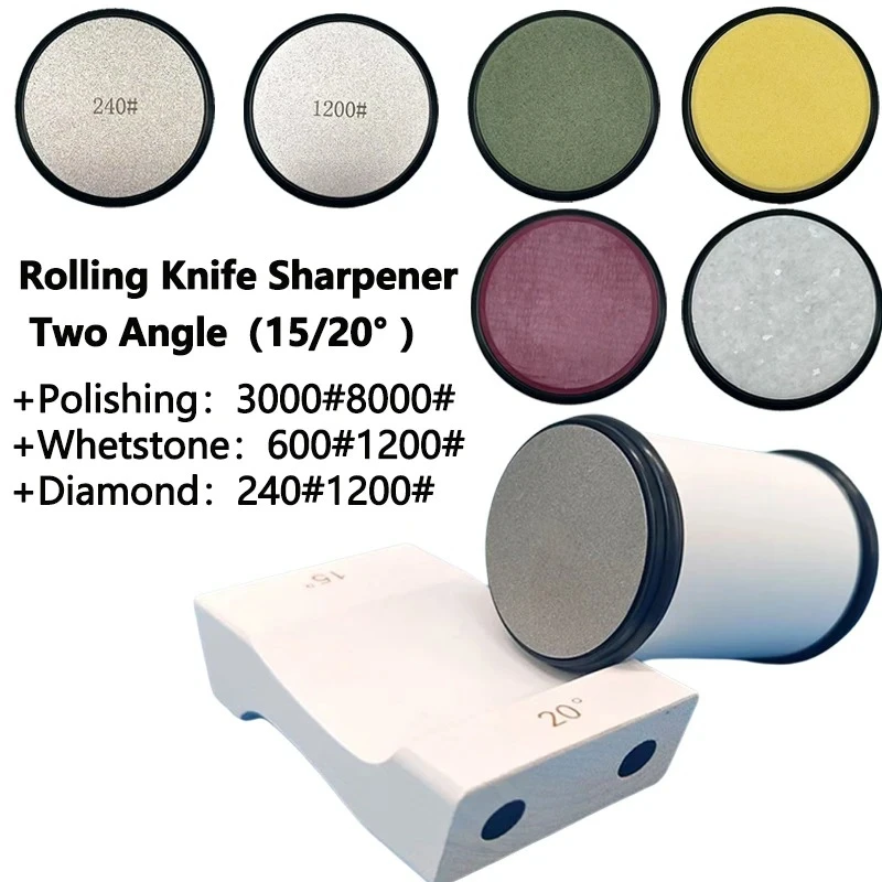 

Space-Saving Roller Knife Sharpener Set: White Curved Base 15/20° & Magnetic Holder for Organized Kitchen, Diamond