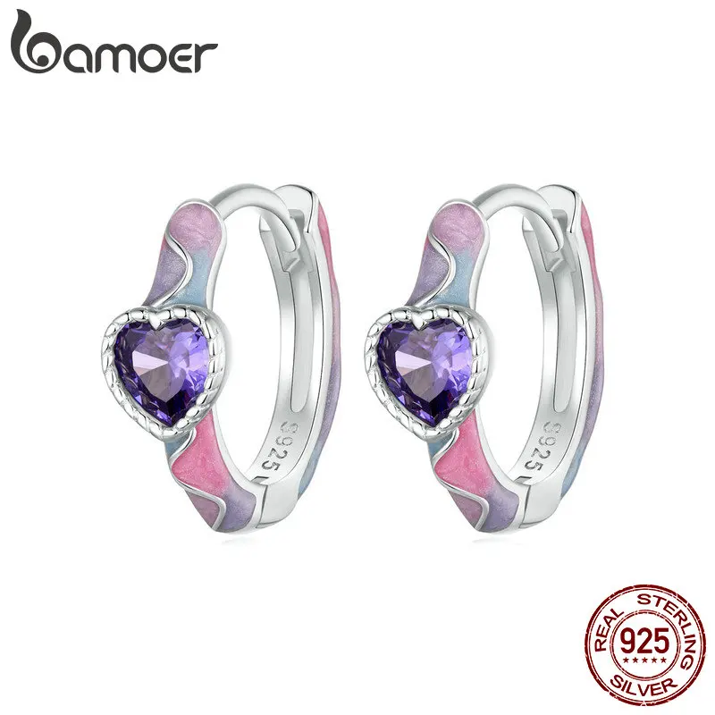 

Bamoer 925 Sterling Silver Fantasy Heart Earring Buckles Purple Zircon Earrings For Women Wedding Jewelry Party Fashion Birthday