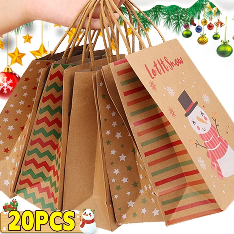 20/5pcs Christmas Kraft Paper Handbags Small Gift Candy Shopping Bags Christmas Snack Present Packaging Tote Bag Party Supplies