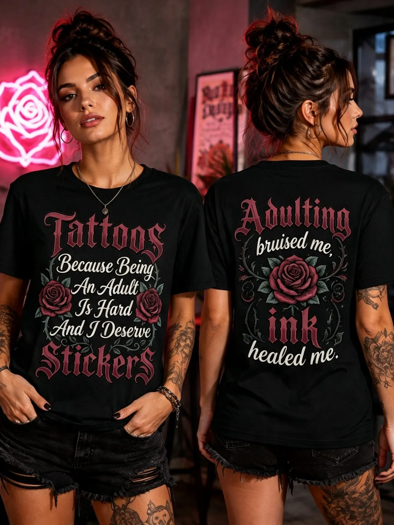 Vintage Tattoo Style Rose Goth Letter Print Women's Crew Neck Short-sleeved T-shirt Summer Loose Casual Street Daily Wear Versatile Bottoming Top