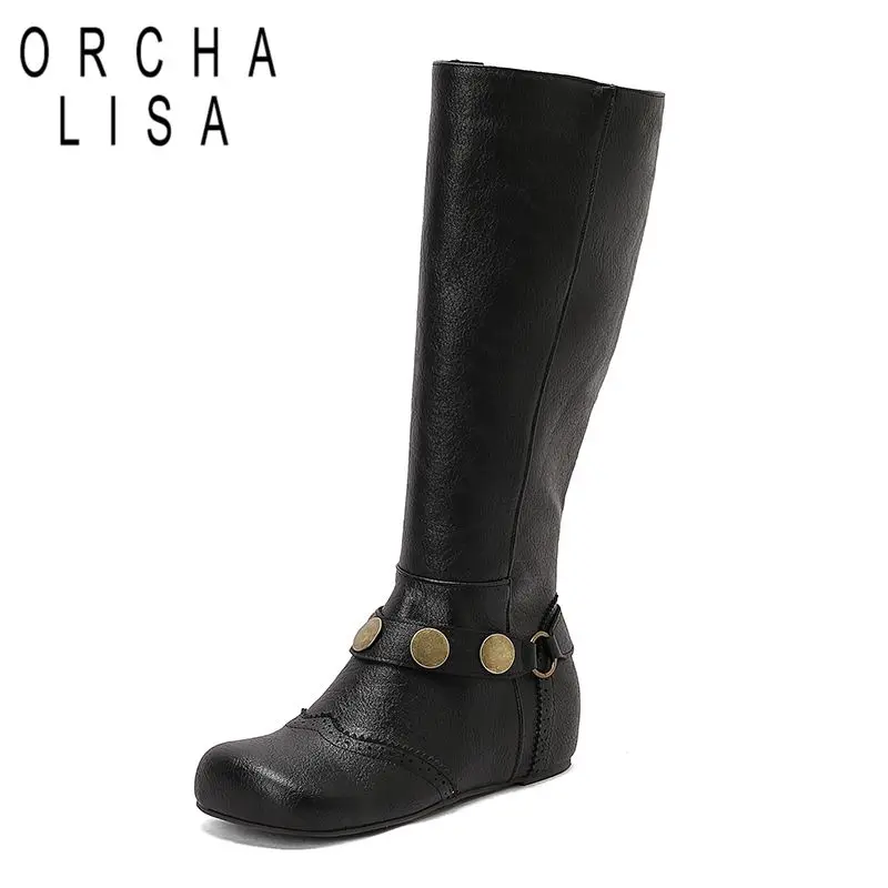 

ORCHA LISA Vintage Women Knee High Boots Round Toe lncreased Heel 4cm Zipper Metal Decoration Big Size 48 49 50 Soft Daily Bota