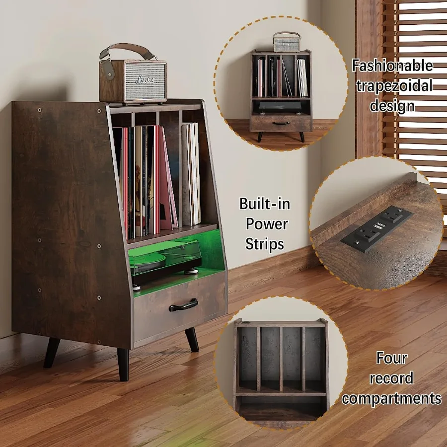 Large Record Player Stand, Led End Table with Charging Station