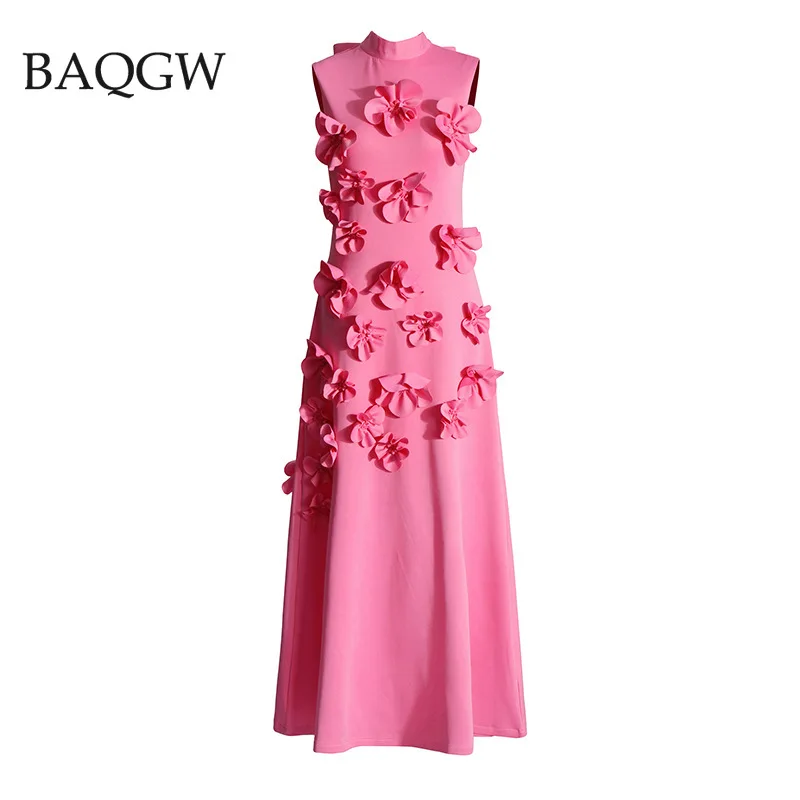 Designer New Spliced Appliques Elegant Dresses for Women Stand Collar Sleeveless High Waist Patchwork Zipper Long Dress Female