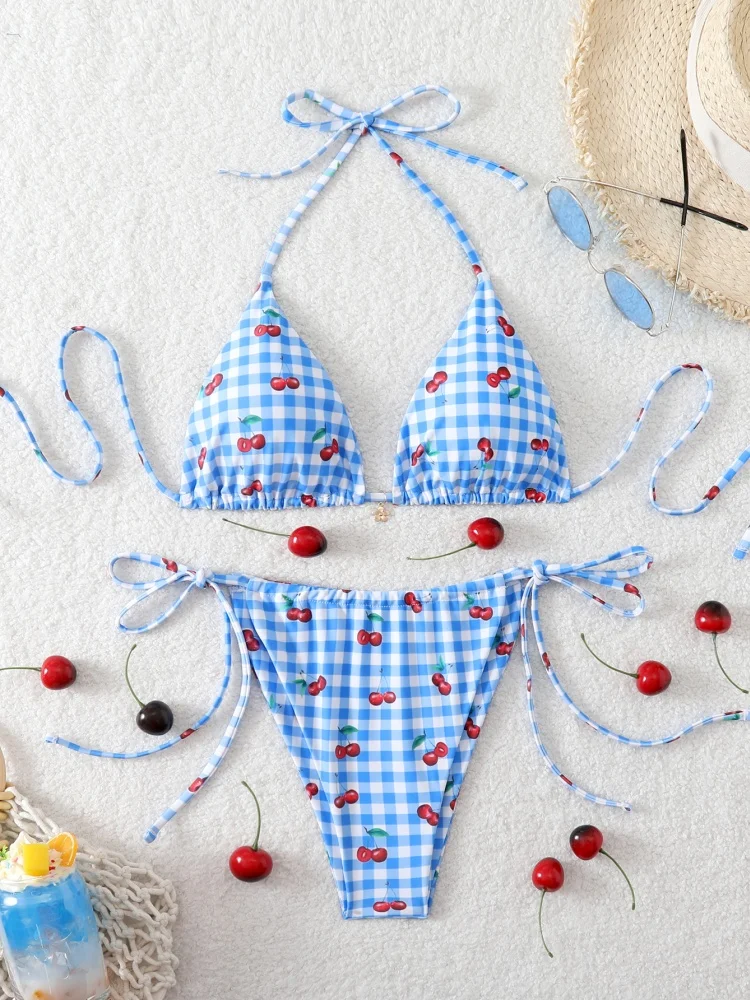 

Bikini Women Swimsuit 2026 New Plaid Print Halter Bikinis Set Sexy Lace Up Swimwear Summer Two Piece Beach Bathing Suit Female