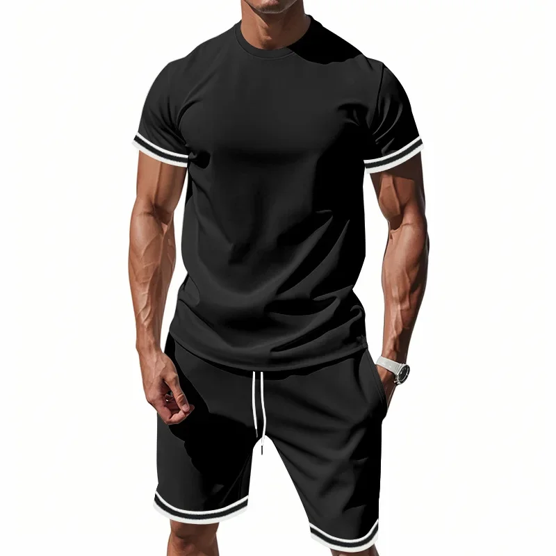 LIBIELIY Summer New Fashion Men's Loose Solid Color Plus Size 2 Piece Set O-neck Short Sleeve T-shirts Knee Length Shorts Male C