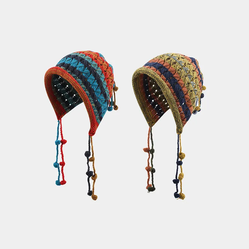 

Fashion Knitted Hat Women Autumn Winter Skullies Beanies Ladies Colorful Earflap Cap Female Handmade Tassels Beanie Hat