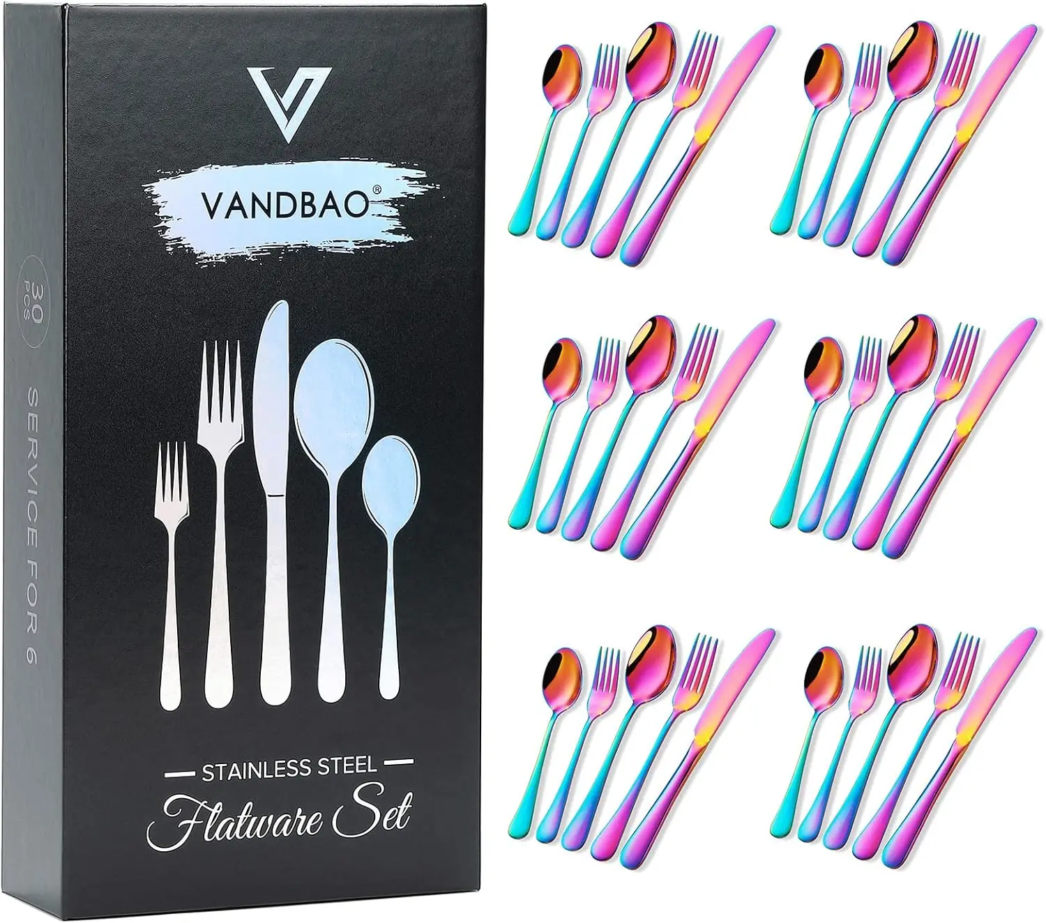 

30-Piece Rainbow Stainless Steel Flatware Set for 6, Colorful Utensils with Mirror Polish, Dishwasher Safe