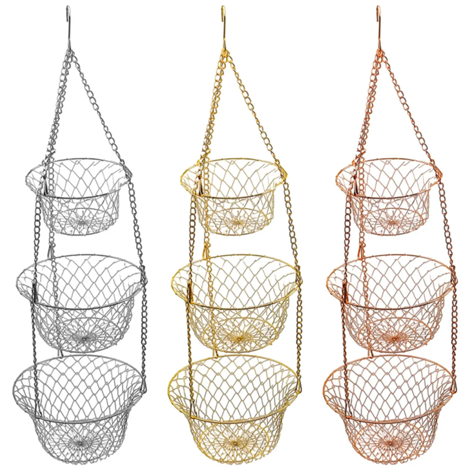 Iron 3 Tier Hanging Fruit Basket Storage Organizer Rack Metal Hanging Basket