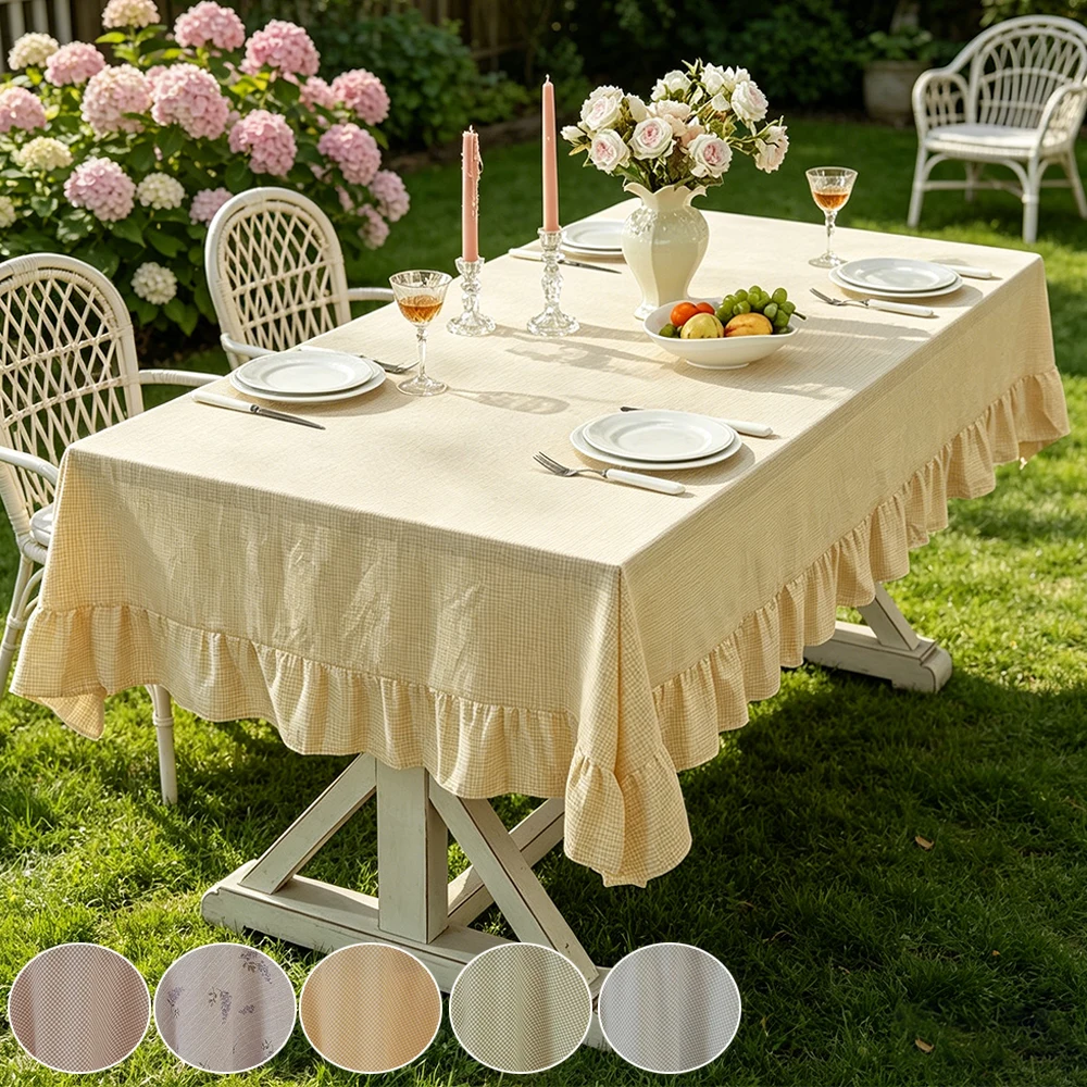 Korean Style Square Tablecloth – Cream Oil Proof Washable Ruffle Flower Pattern Table Cloth for Kitchen Home Wedding Party Decor