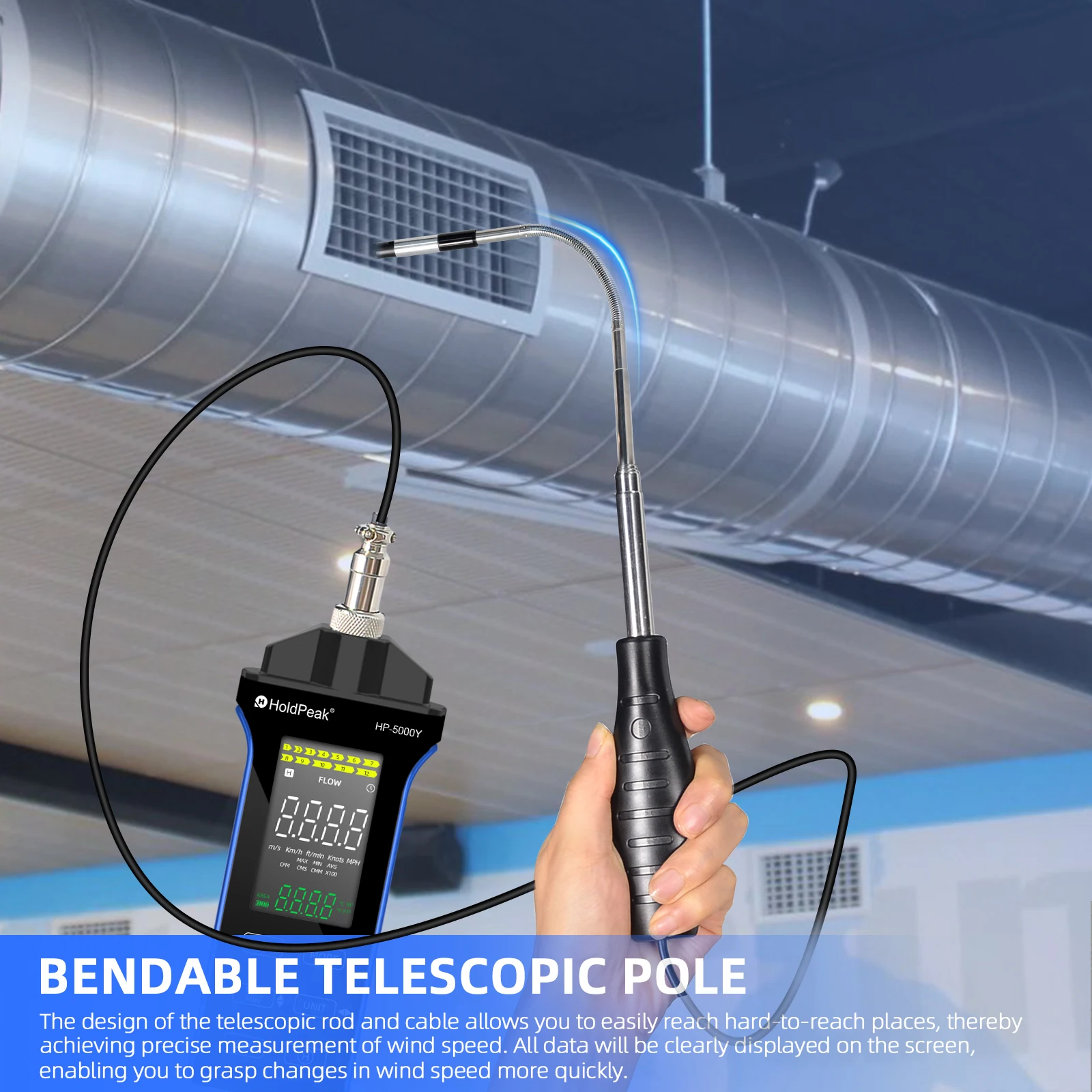 Hot-Wire Anemometer with Retractable Sensor, Wind Speed/Temp/Airflow Meter, 0.1-30m/s,for HVAC /Environmental Testing, 5000Y