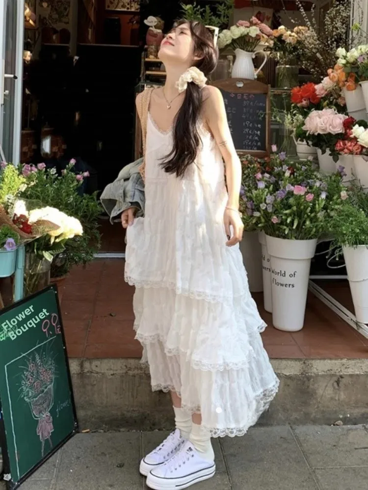 

White Lace Summer Dr Women's Sweet Cake Skirt Beach Vaion Beach Sand Personali Thin Long Dr Casual High Waist A-Li...