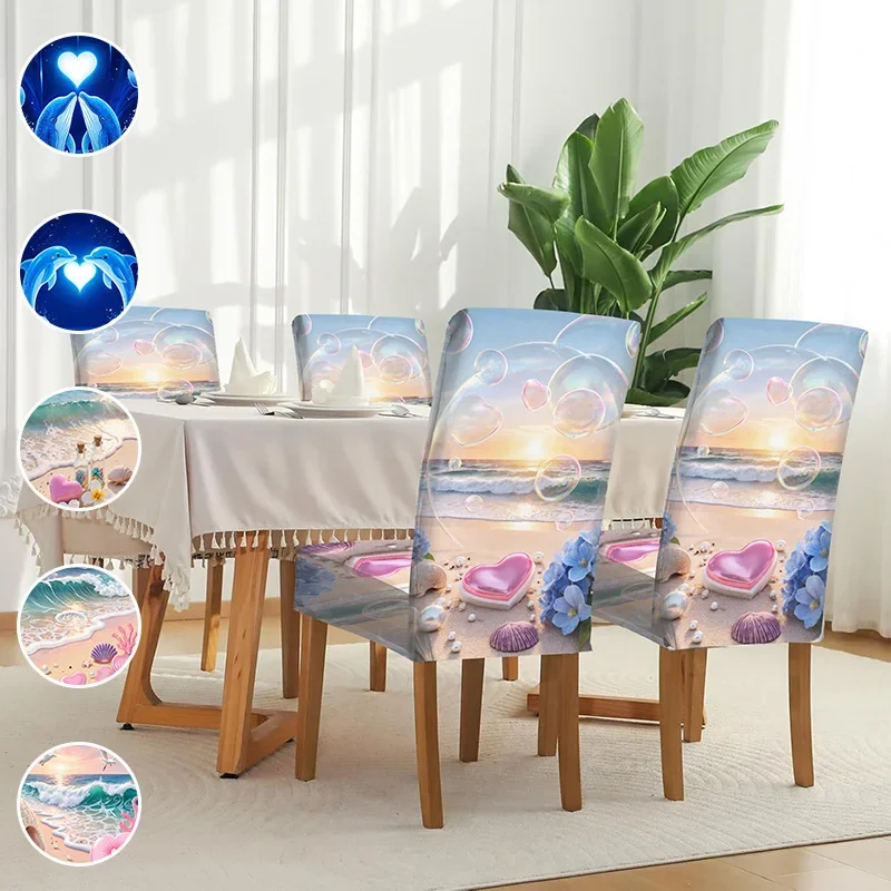 Elastic printed dining chair cover, beautiful beach romantic scene pattern, suitable for home dining chairs