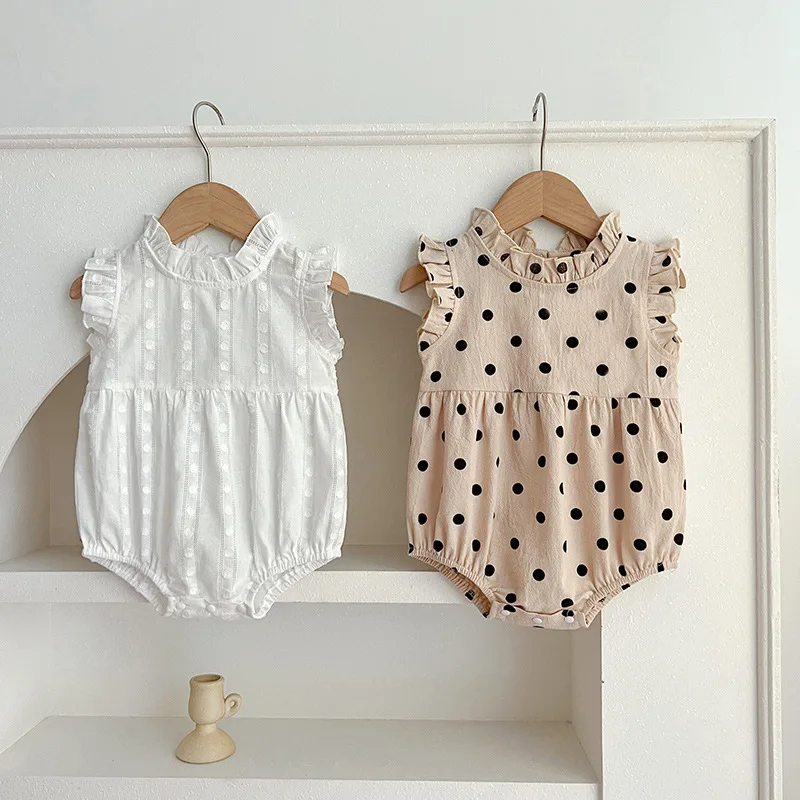 Korean Fashion Summer Baby Romper Sleeveless Dot Stand Collar Cotton Bodysuit Cute One Year Old Birthday Outdoor Wear