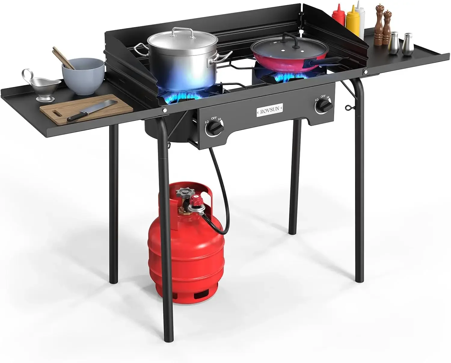 2 Burner Gas Stove with Side Shelves, 150,000 BTU Portable Propane Stove with Removable Legs, Wind Panels & Regulator for Campin