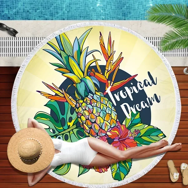 Summer Round Beach Towel Flamingo Tropical Plant Pineapple Printing Bath Shower Towels Bikini Cover Up Beach Towel