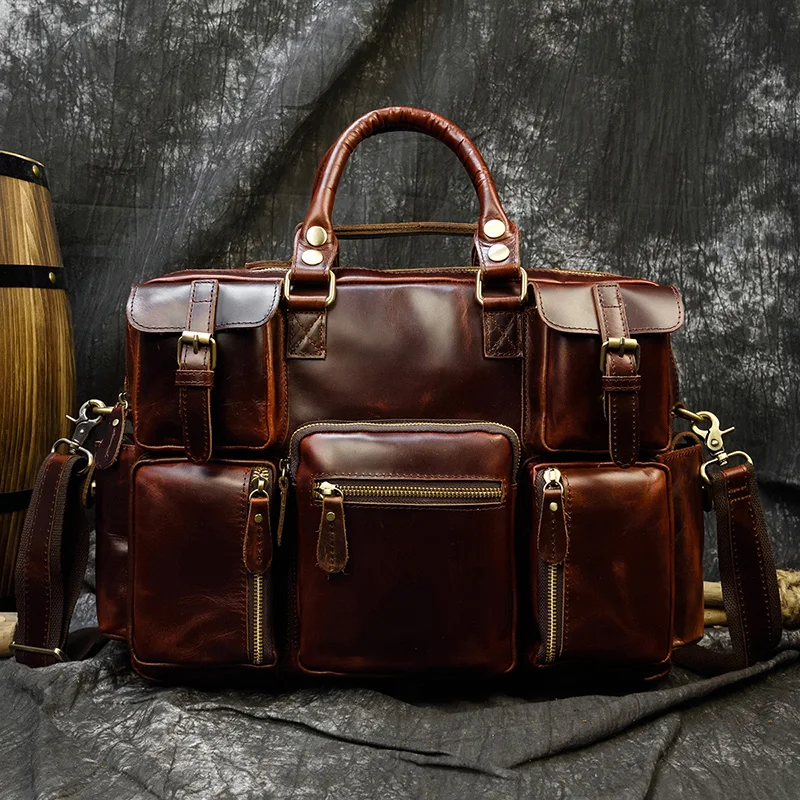 Vintage Real Leather Briefcases Men Genuine Leather Bag For Layer Handbag For 15 Inches Notebook PC Business Bag Brown