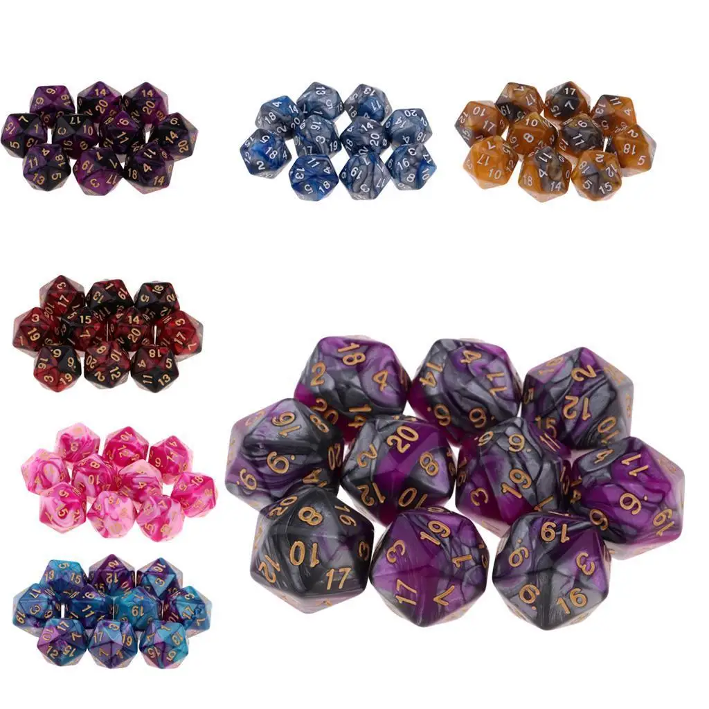 10pcs/Set D20 Colored Acrylic Polyhedral Dice 20-sided Dice Game Set Two-COLORS Swirl DND Dice Set for D&D TRPG Board Game Dice