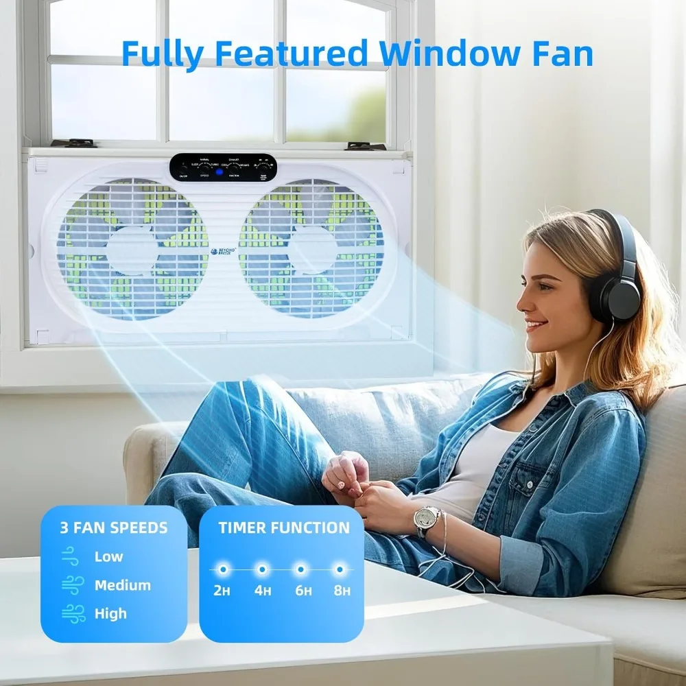 Twin Window Fan with Reversible Airflow and Intruder Alarm, with Remote Control and 3 Speeds, for Home Bedroom