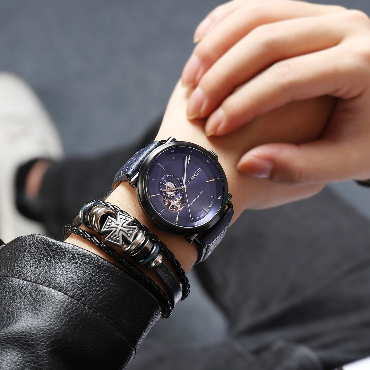 MIGE brand business stainless steel mechanical watch men japan movement waterproof automatic  Earth pattern leather mens watches