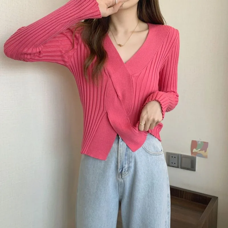 

Women Sweater 2026 New Twist Front V Neck Slim Elegant Korean Fashion Knit Pullover Top Solid Fall Winter Knitwears Clothing