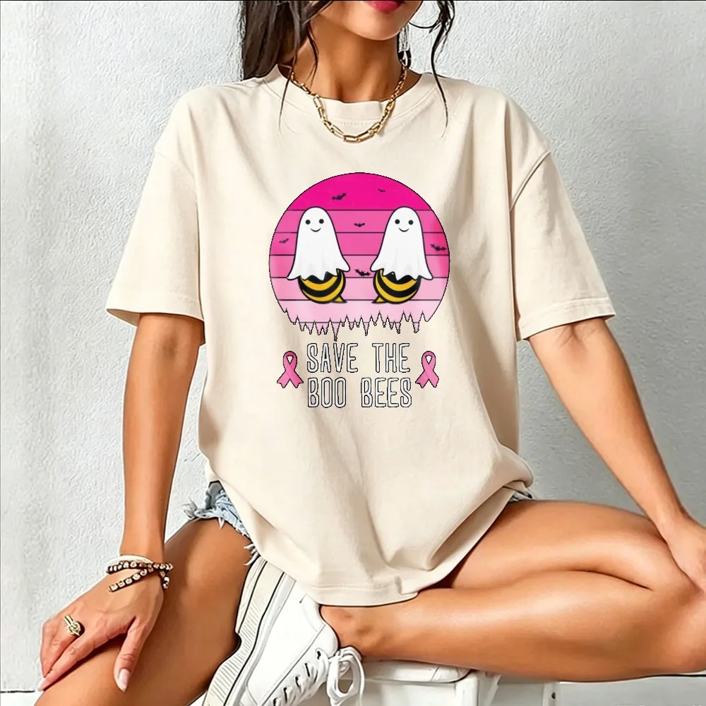 Save The Boo Bees Breast Cancer Awareness Halloween T‑Shirt Cute Ghost Bee Pink Sunset Pink Ribbon Funny Slogan Cotton Tee Tops