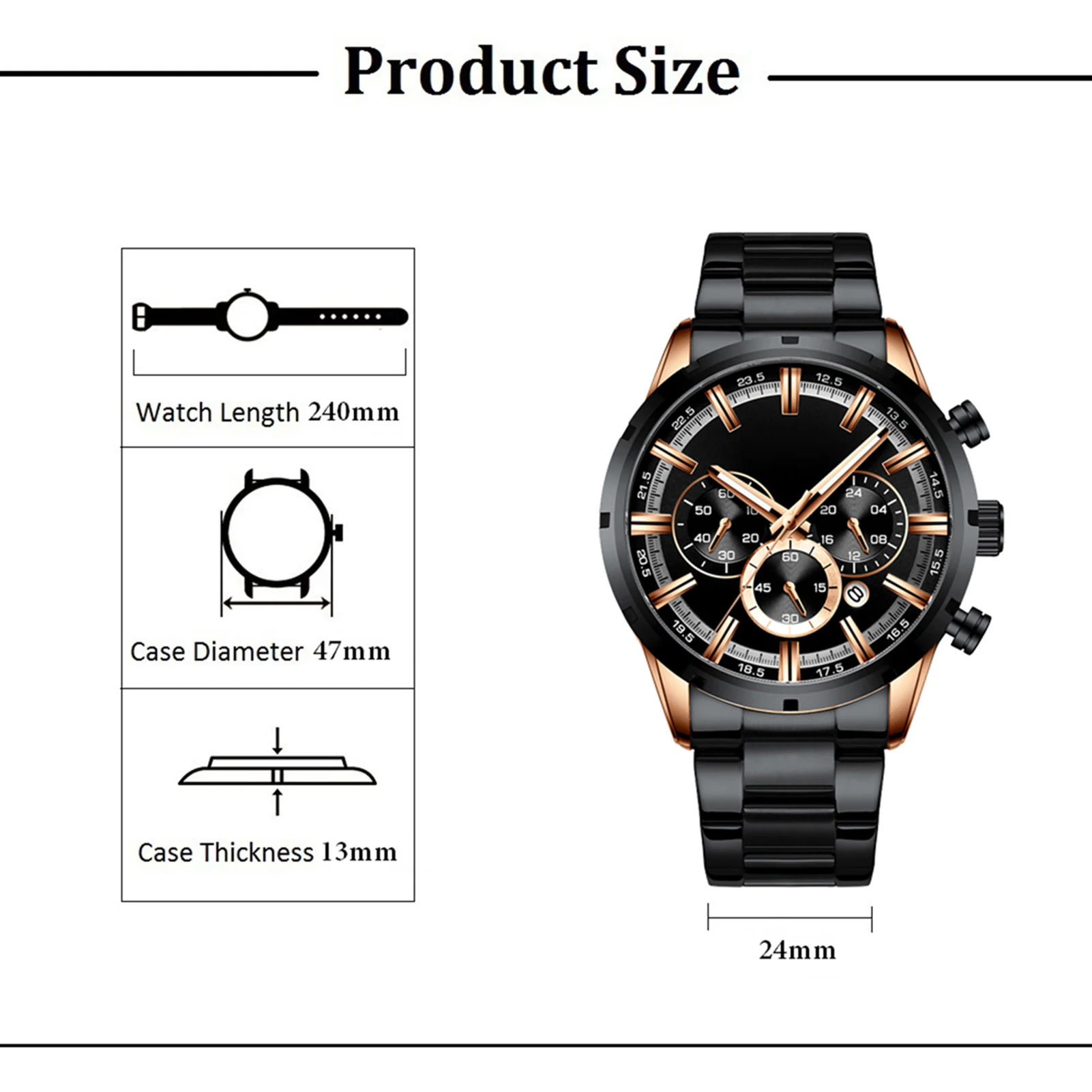 Classic Business Quartz Men Watch Big Dial Luminous Wrist Watch Calendar Minute Second Chronograph