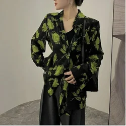 Spring New Women Black Green Color Blocking Floral Loose Fashion Lapel Collar Single-breasted Long Sleeved Niche Casual Shirt