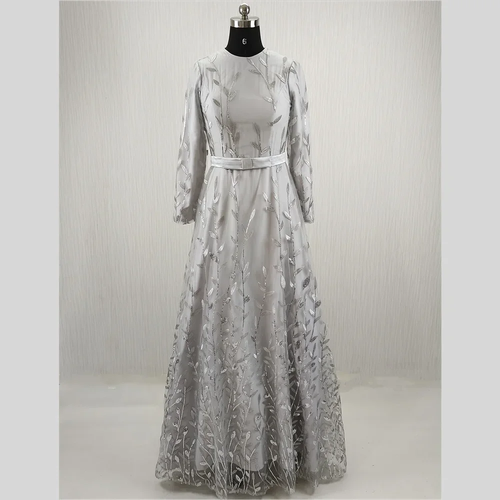 

Customized Muslim Evening Dress Gray Sequins Modest O-neck Full Sleeves A-line Floor Length Plus size Woman Party FOrmal Gowns